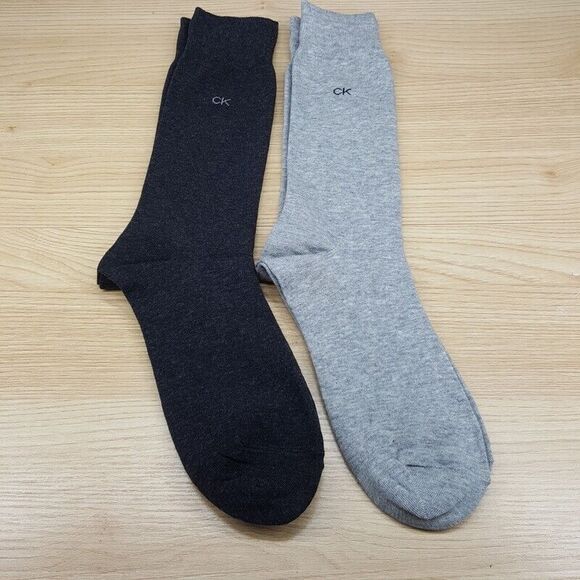 CALVIN KLEIN Mens Dress Socks 2-Pack Gray Charcoal Solid Crew Logo - Picture 1 of 4